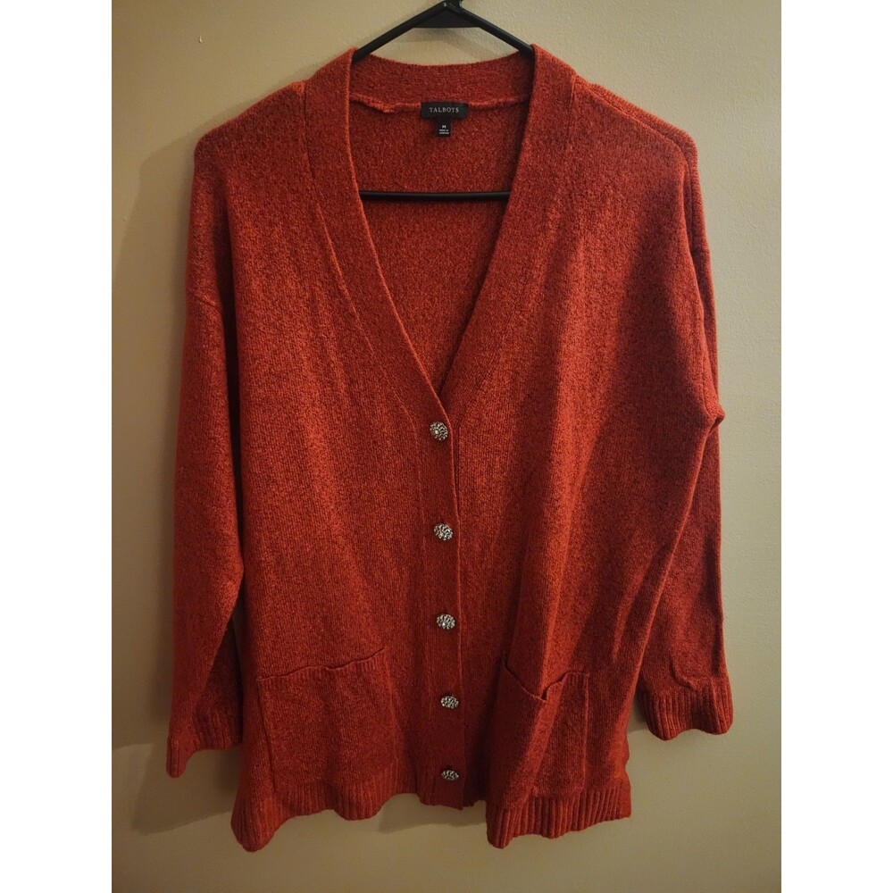 Talbots Sweater Cardigan Jewel Button Up V Neck Red Rhinestone Buttons Size M
